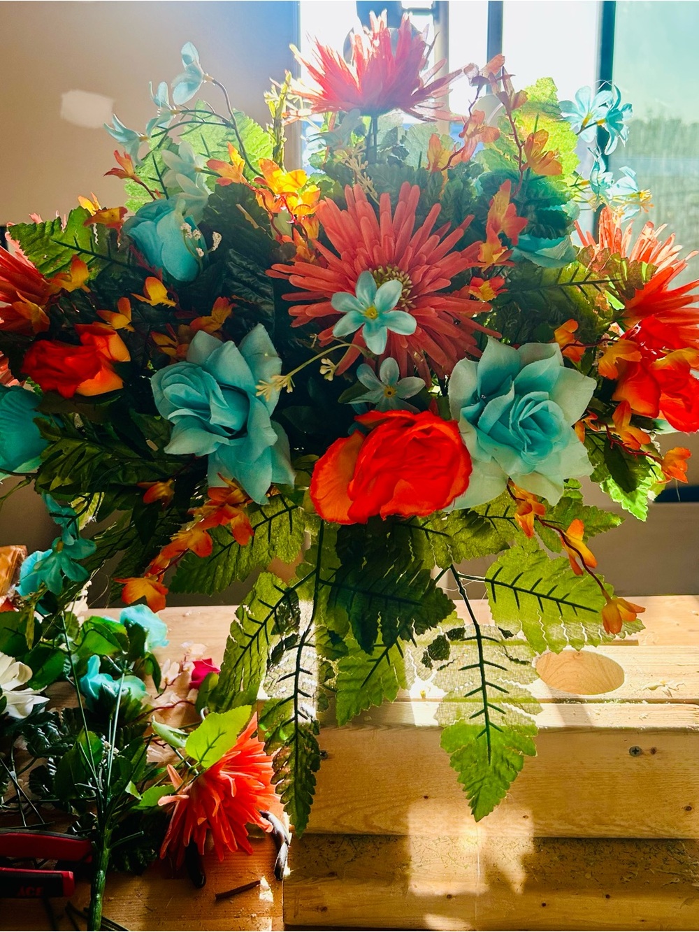Artificial Floral Bouquet in Orange and Teal
